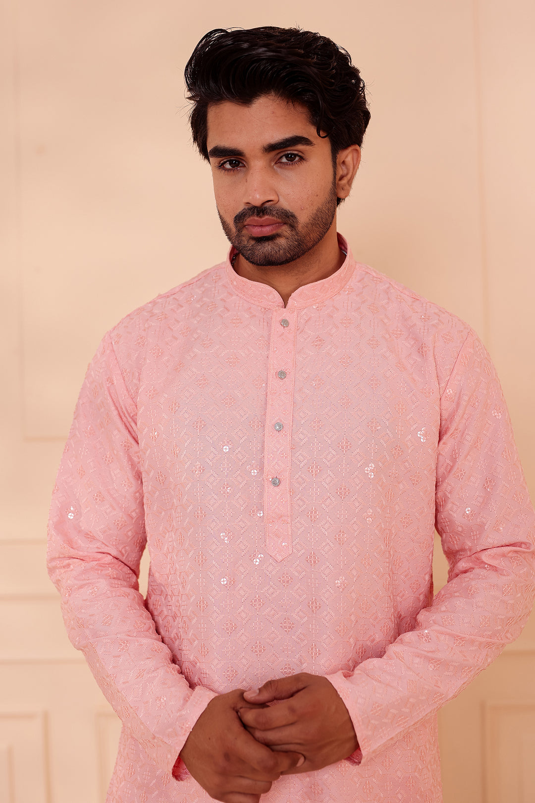Peach Lucknowi Chikankari Kurta Suit with Sequin Work.