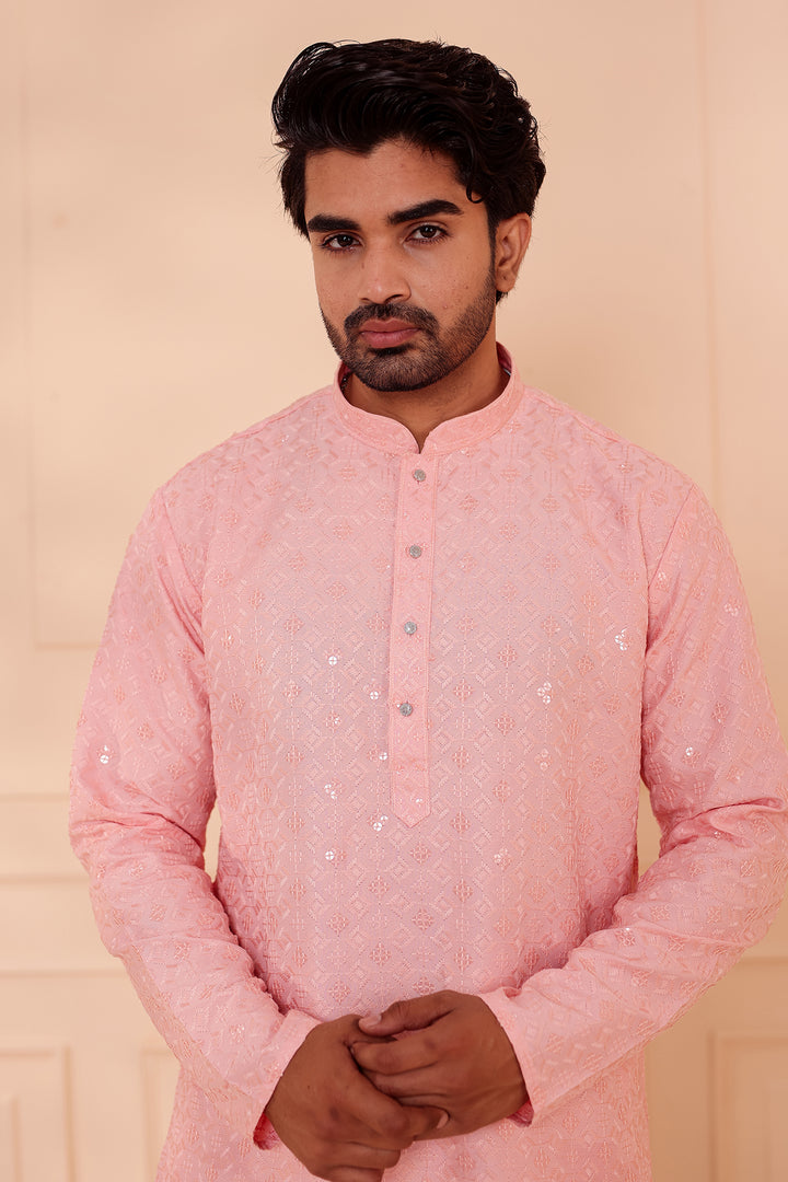 Peach Lucknowi Chikankari Kurta Suit with Sequin Work.