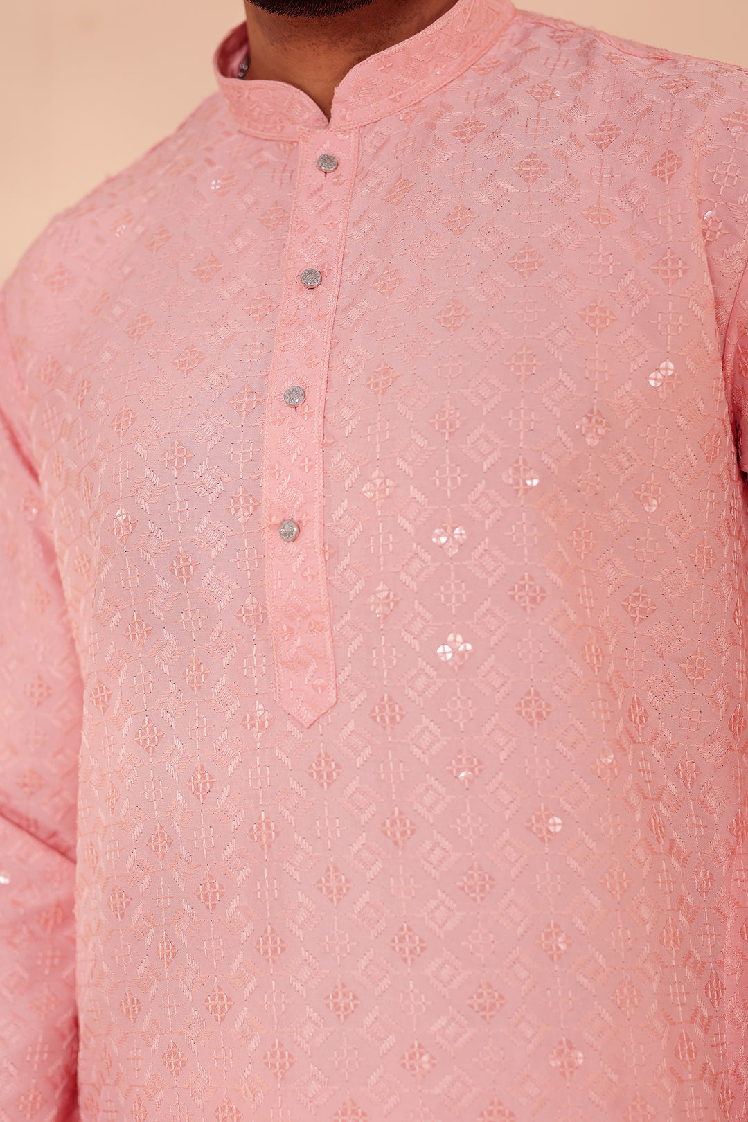 Peach Lucknowi Chikankari Kurta Suit with Sequin Work.