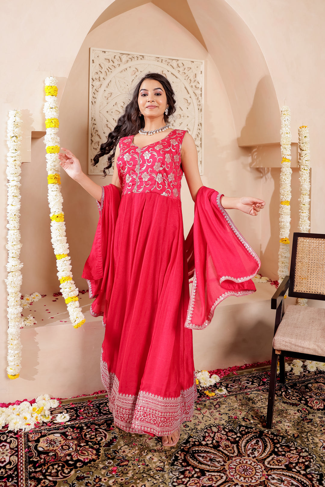 Fuchsia Pink  Vichitra Silk Anarkali Suit