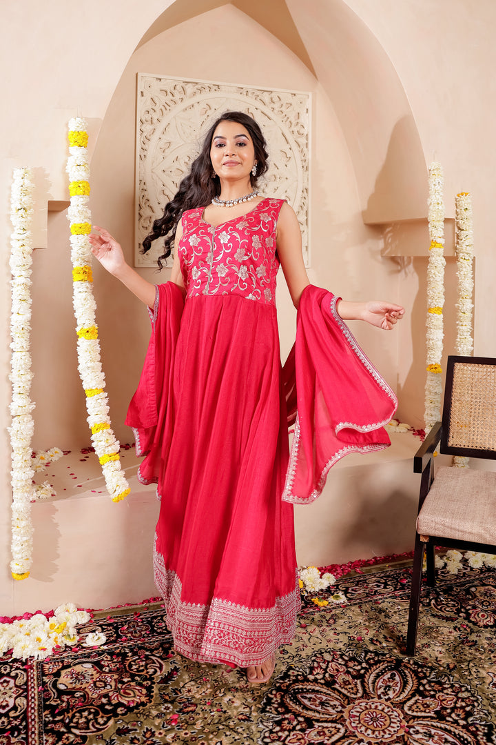 Fuchsia Pink  Vichitra Silk Anarkali Suit