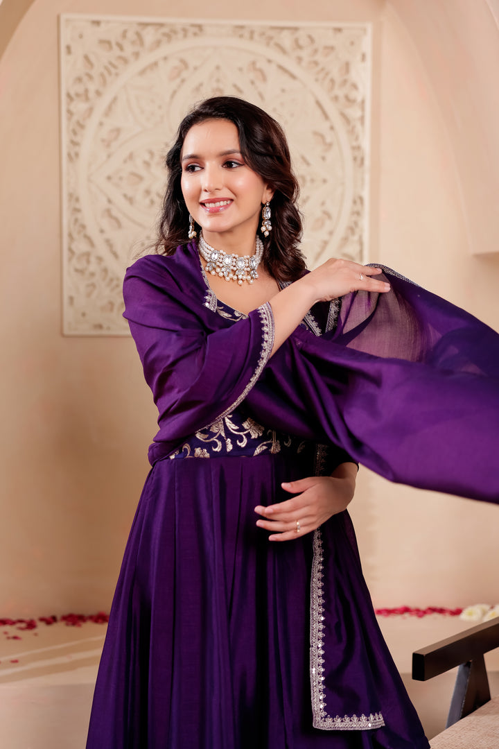 Dark Purple Vichitra Silk Anarkali Suit