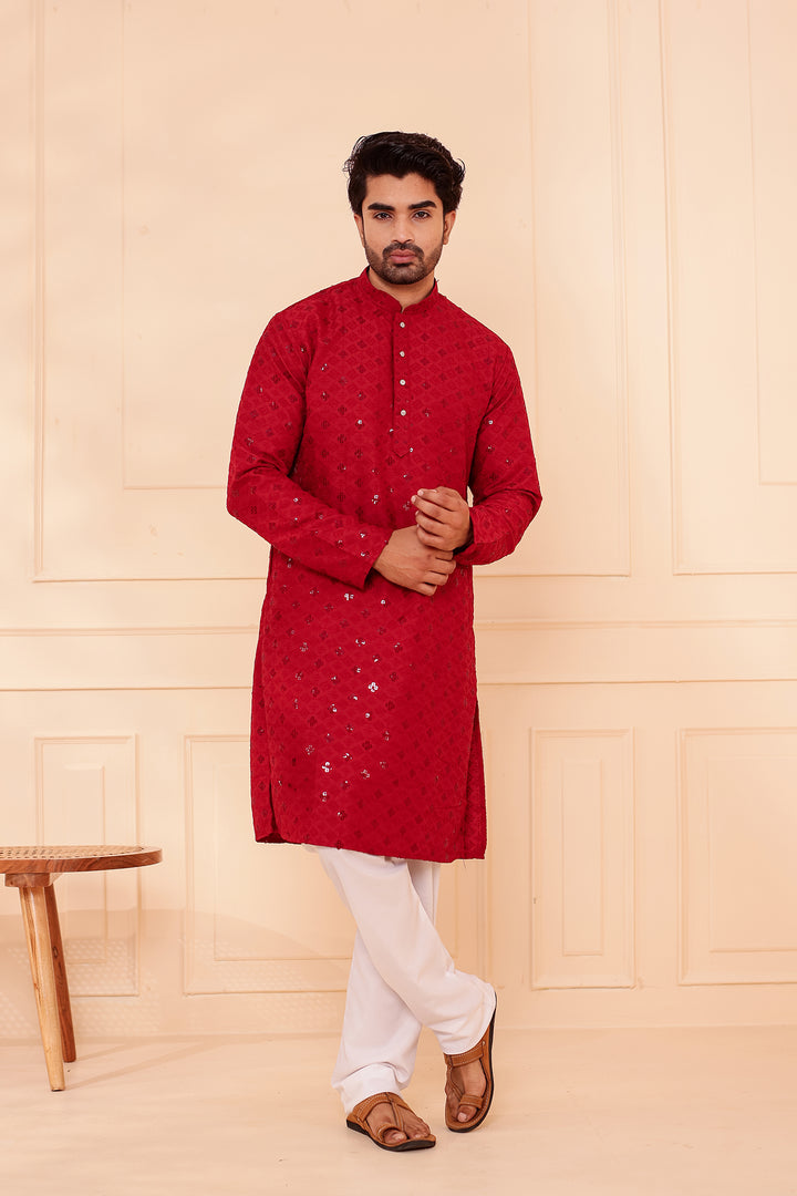 Maroon Lucknowi Chikankari Kurta Suit with Sequin Work.