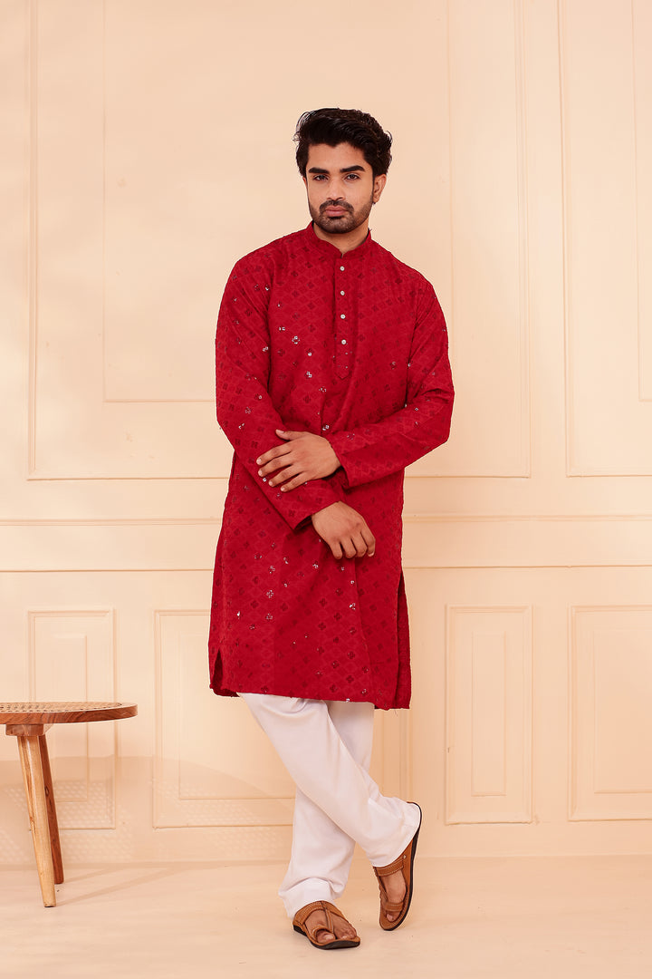 Maroon Lucknowi Chikankari Kurta Suit with Sequin Work.