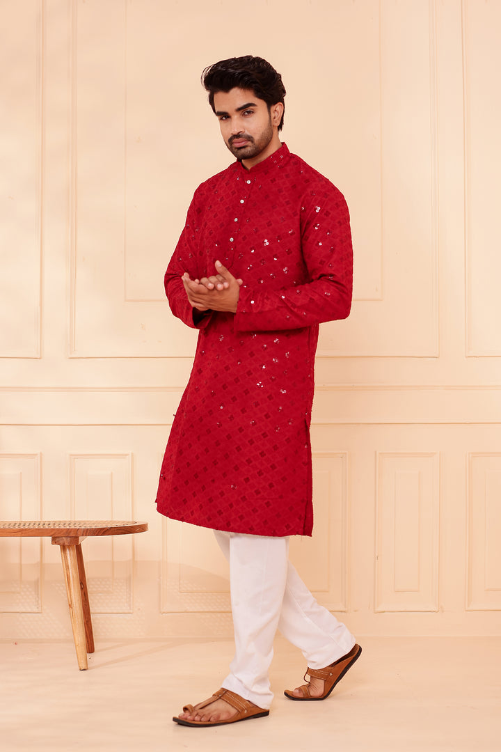 Maroon Lucknowi Chikankari Kurta Suit with Sequin Work.