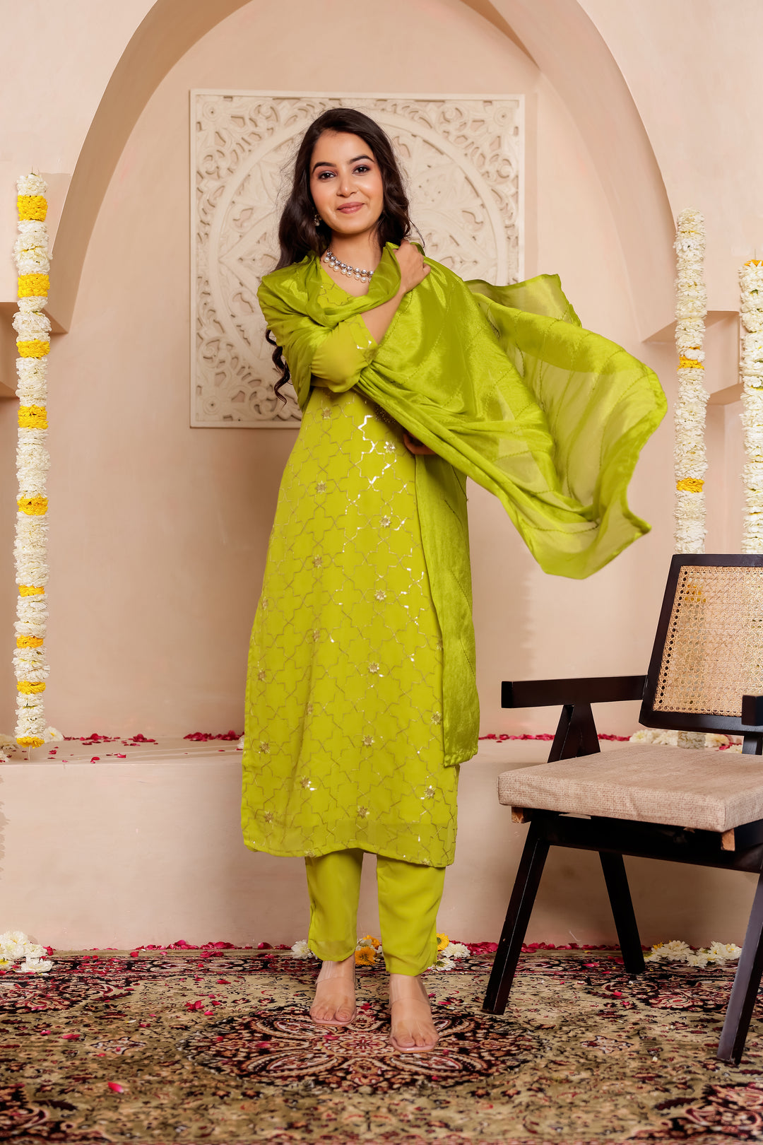 Liril/Apple Green Georgette Straight Cut Kurta Set