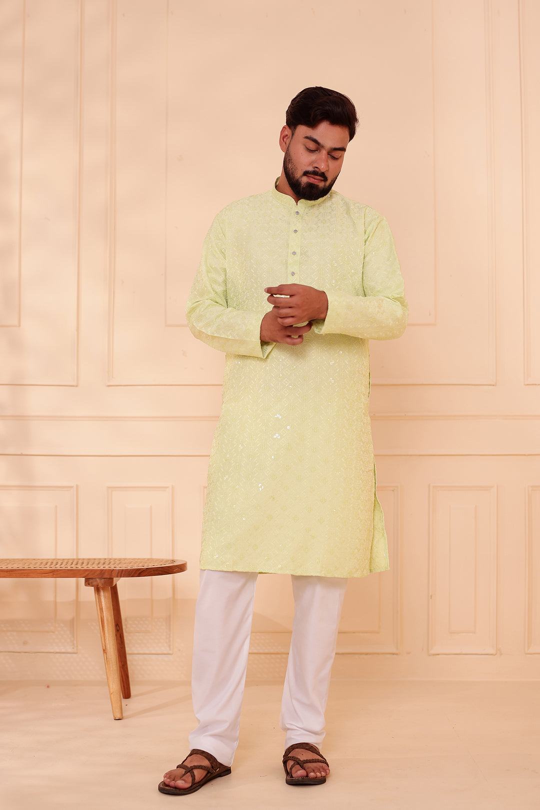 Mint Green Lucknowi Chikankari Kurta Suit with Sequin Work.