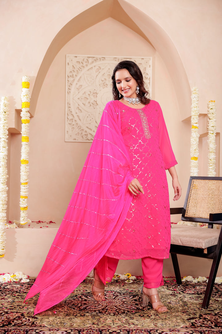 Rani Pink Georgette Straight Cut Kurta Set