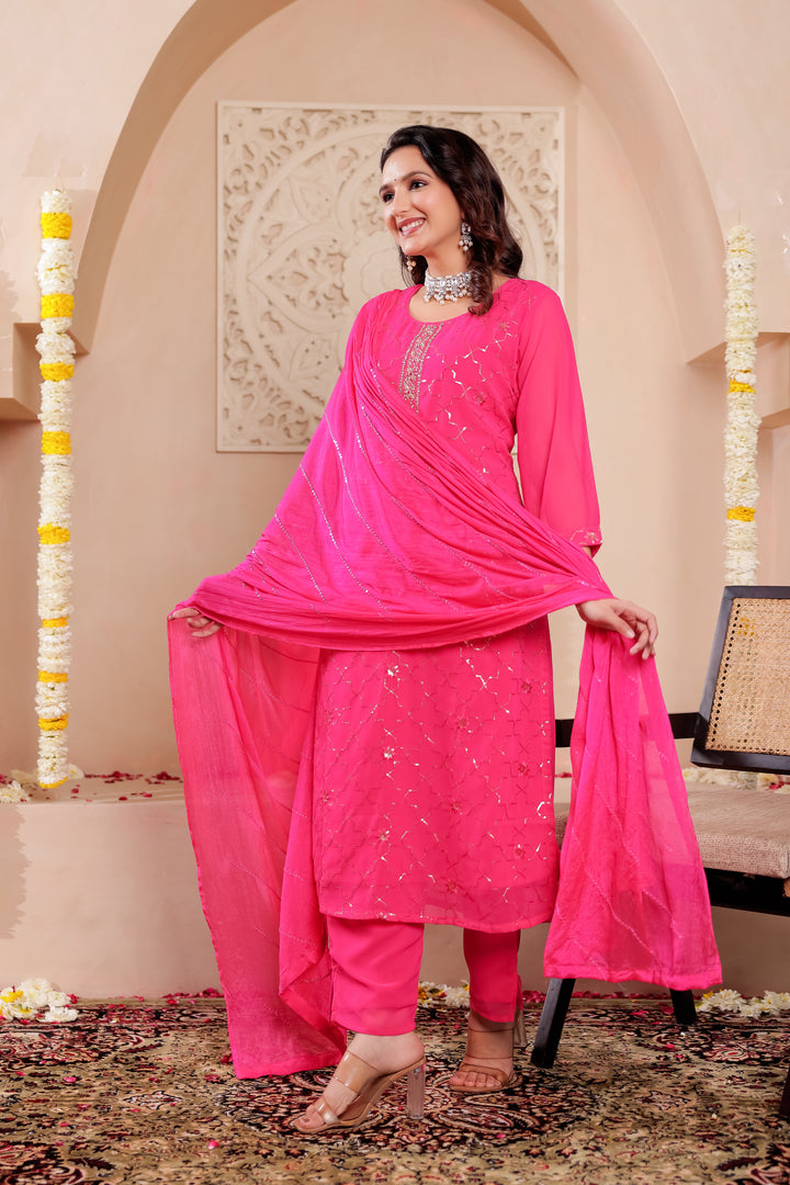 Rani Pink Georgette Straight Cut Kurta Set