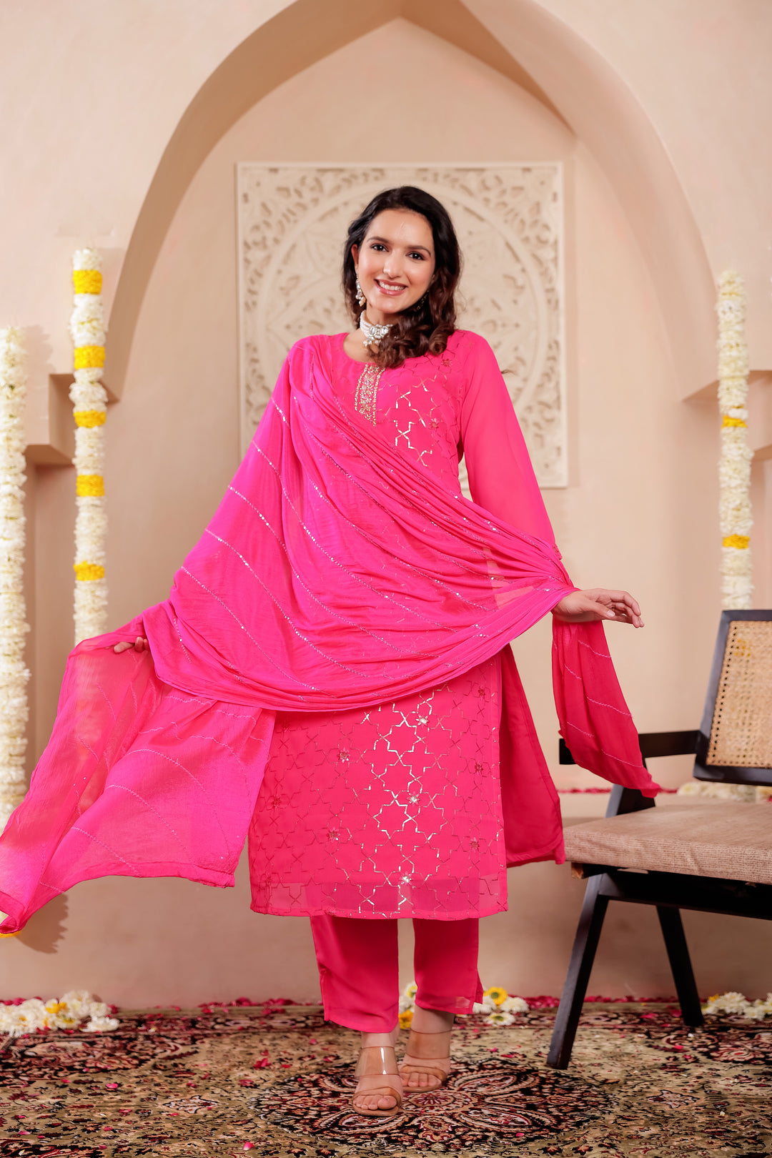 Rani Pink Georgette Straight Cut Kurta Set