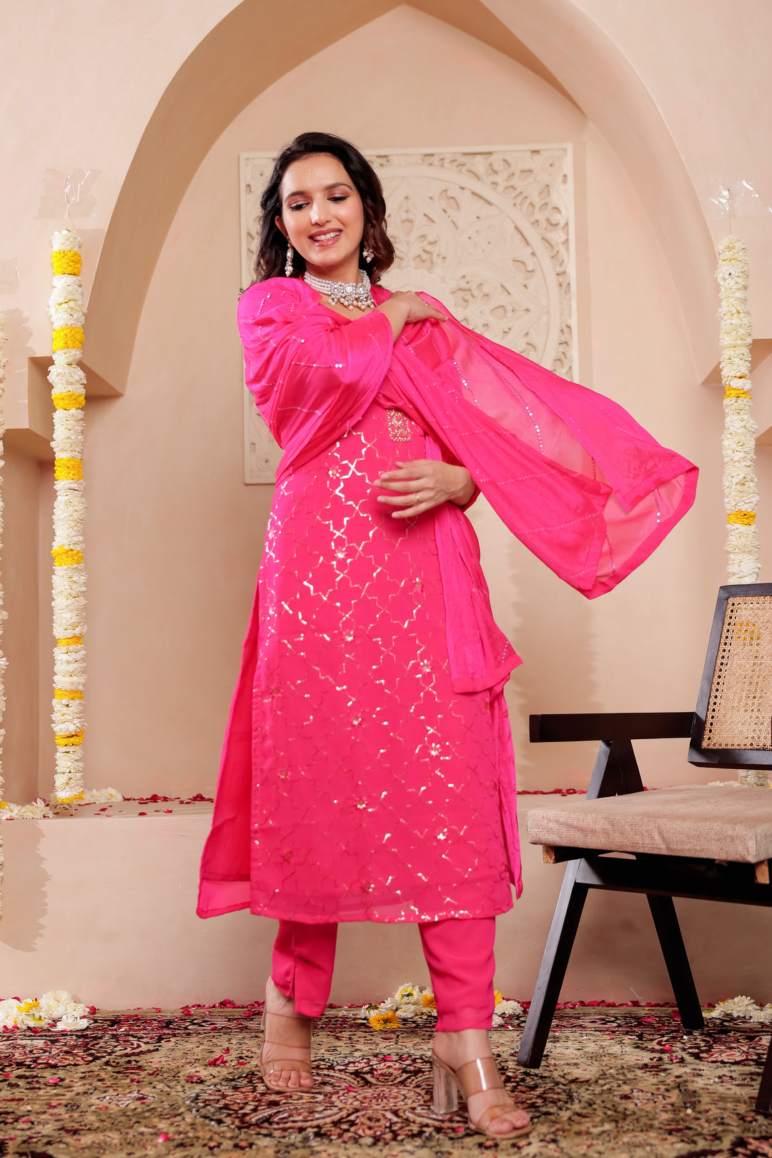 Rani Pink Georgette Straight Cut Kurta Set