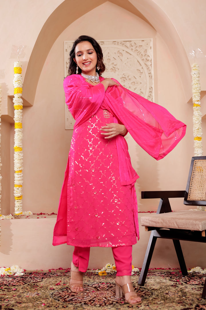 Rani Pink Georgette Straight Cut Kurta Set