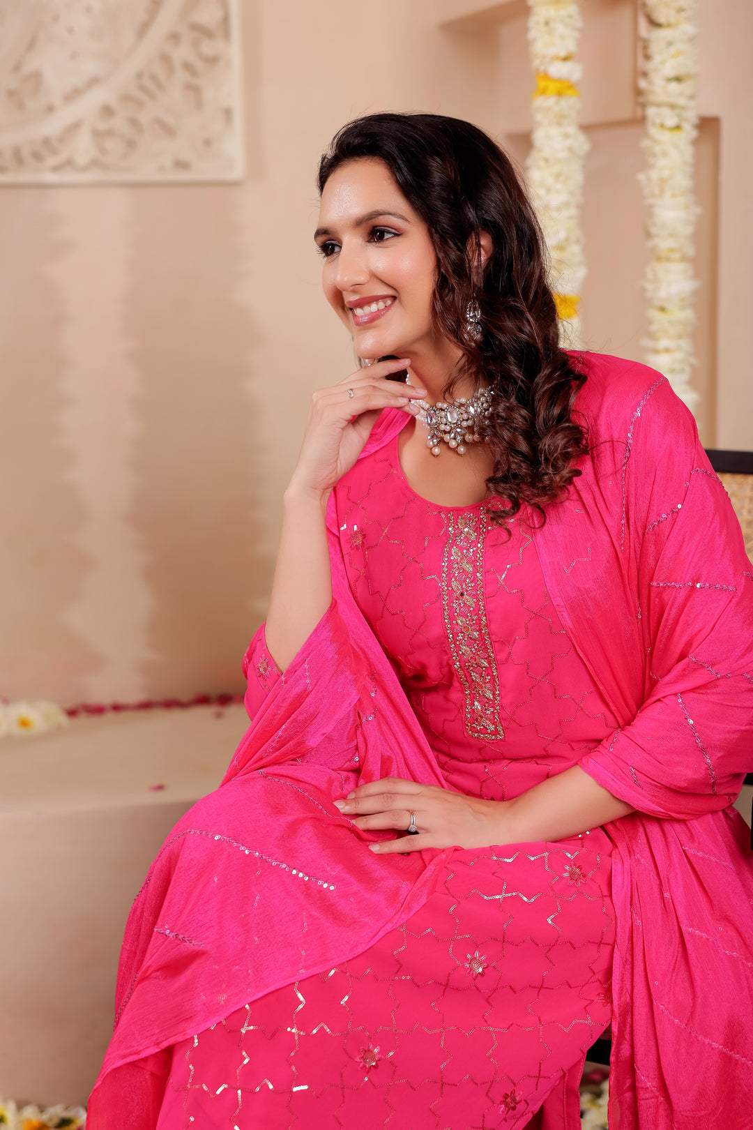 Rani Pink Georgette Straight Cut Kurta Set