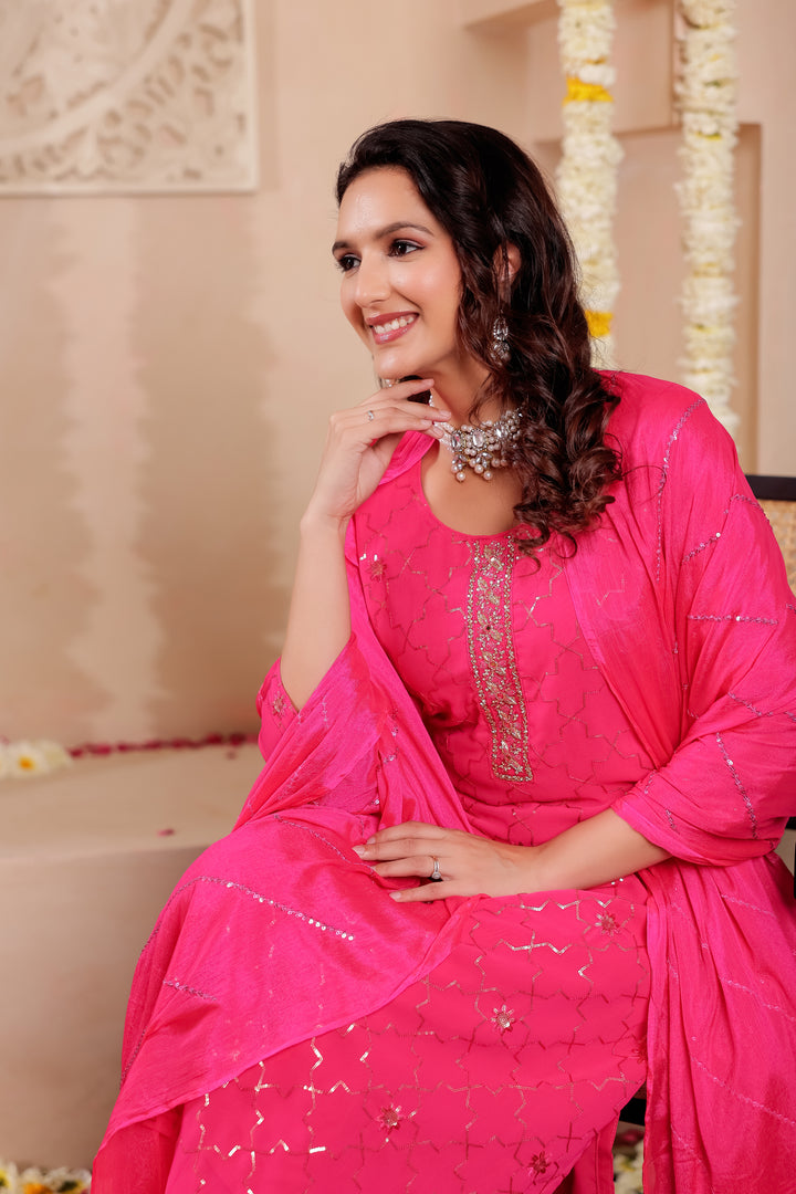 Rani Pink Georgette Straight Cut Kurta Set