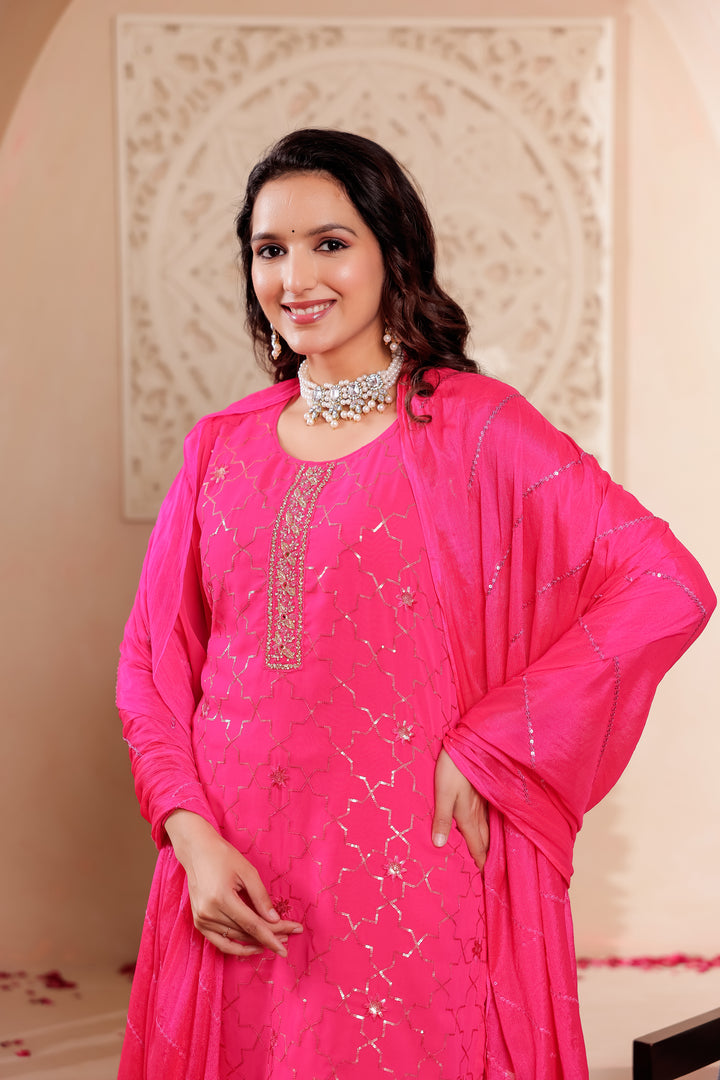 Rani Pink Georgette Straight Cut Kurta Set