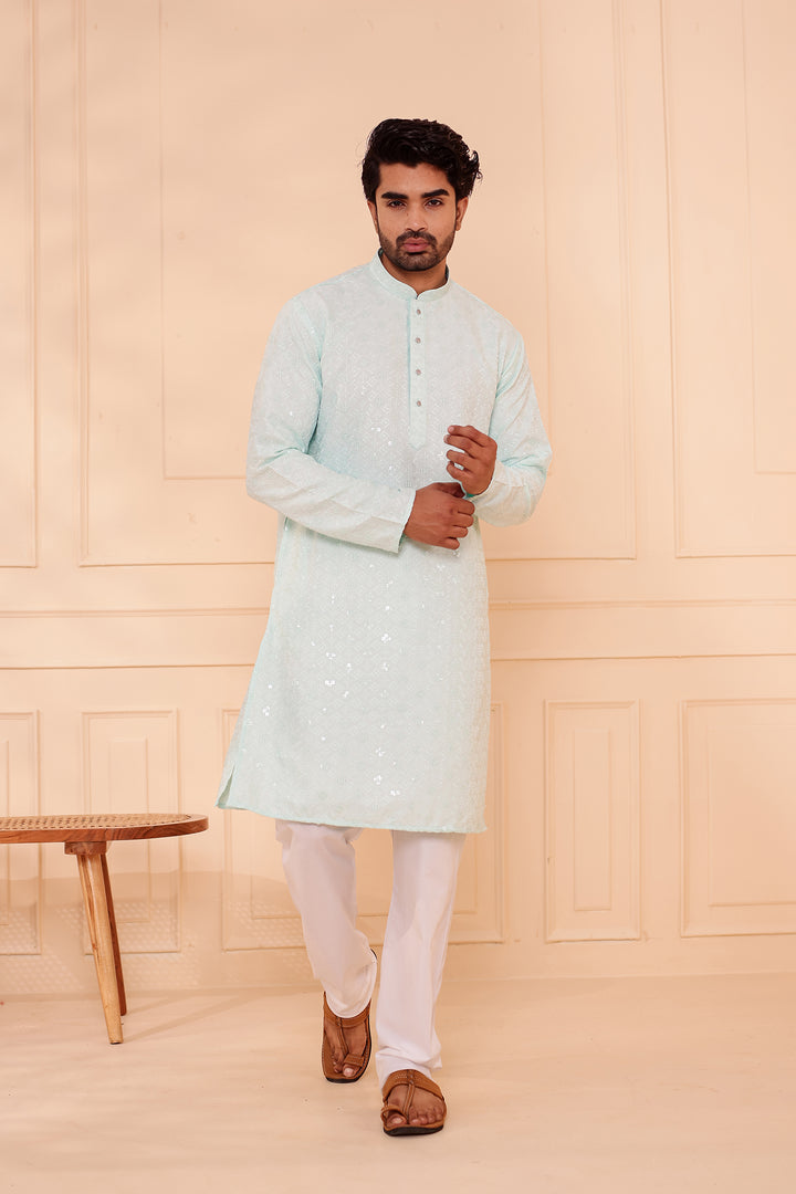 Light Blue Lucknowi Chikankari Kurta Suit with Sequin Work.