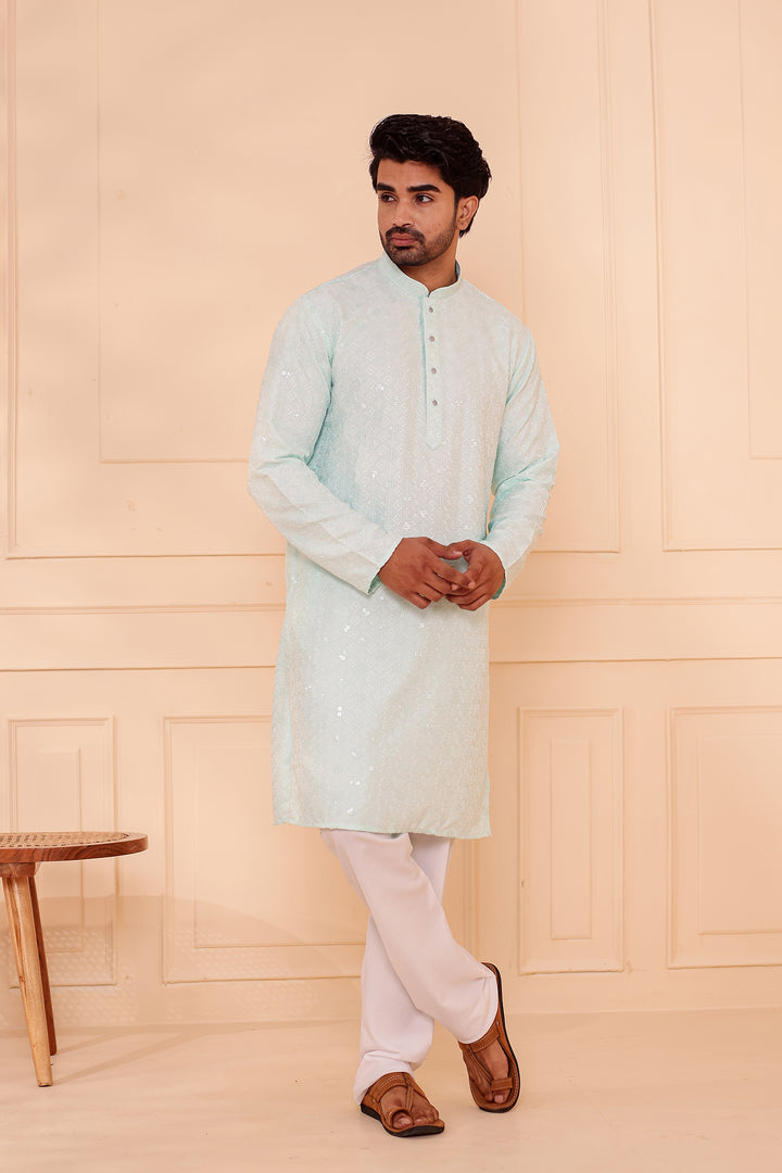Light Blue Lucknowi Chikankari Kurta Suit with Sequin Work.