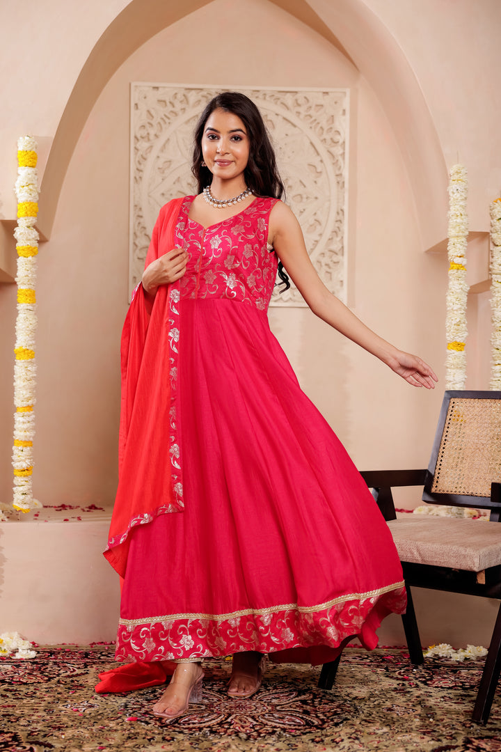Fuchsia Pink Vichitra Silk Anarkali Suit