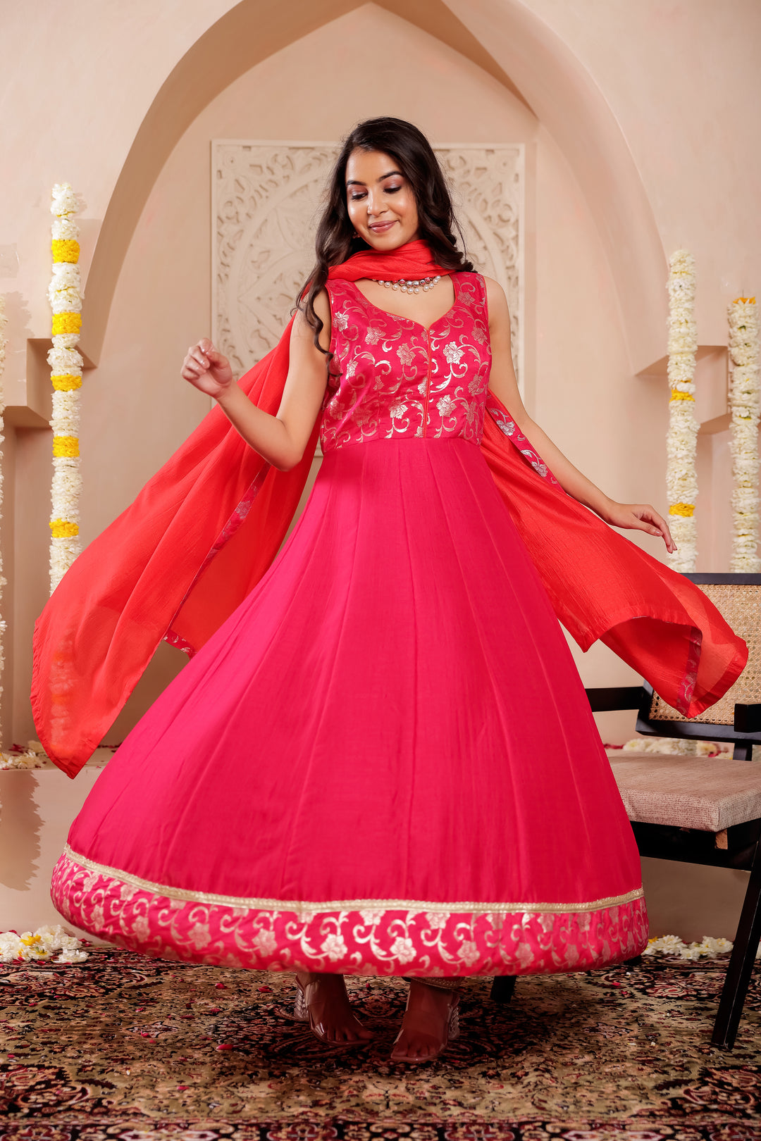 Fuchsia Pink Vichitra Silk Anarkali Suit