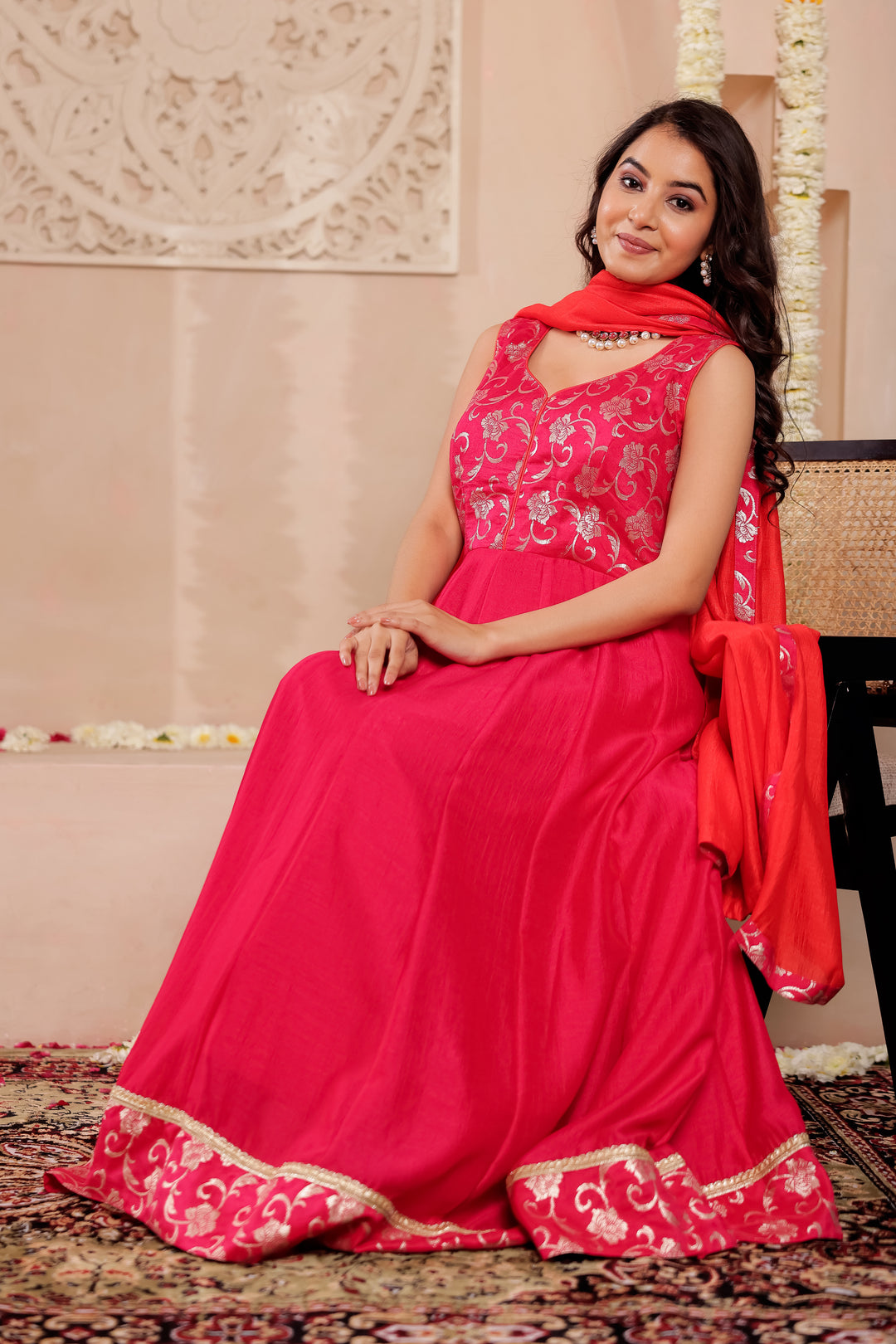 Fuchsia Pink Vichitra Silk Anarkali Suit