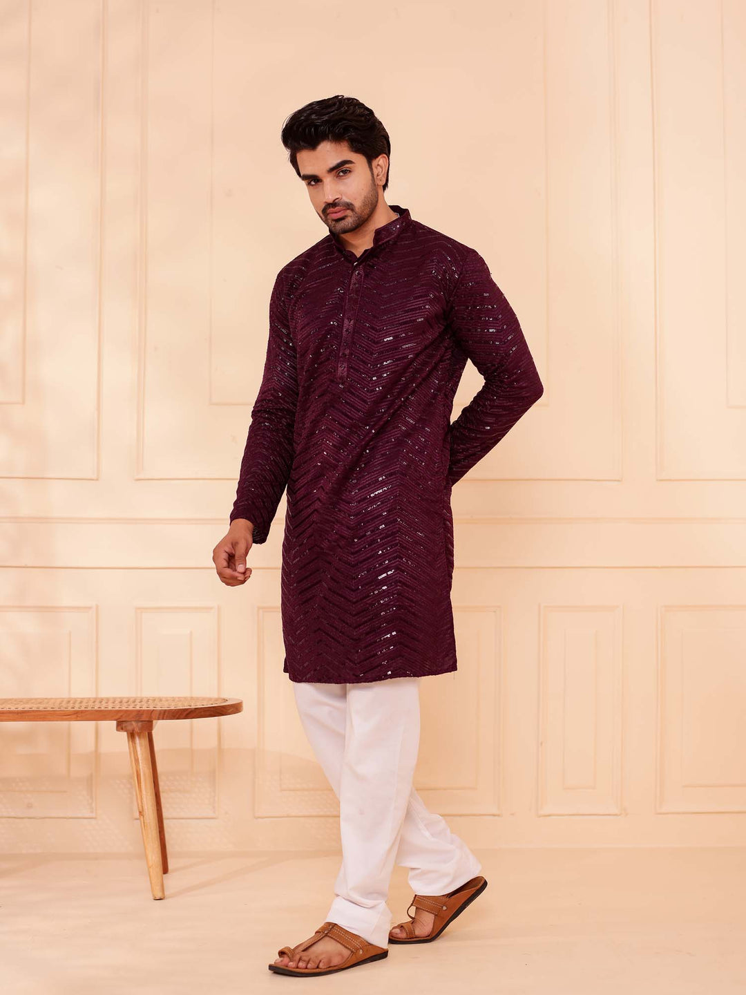 Plum Soft Georgette Kurta Suit with Self Thread and Sequin work all over.