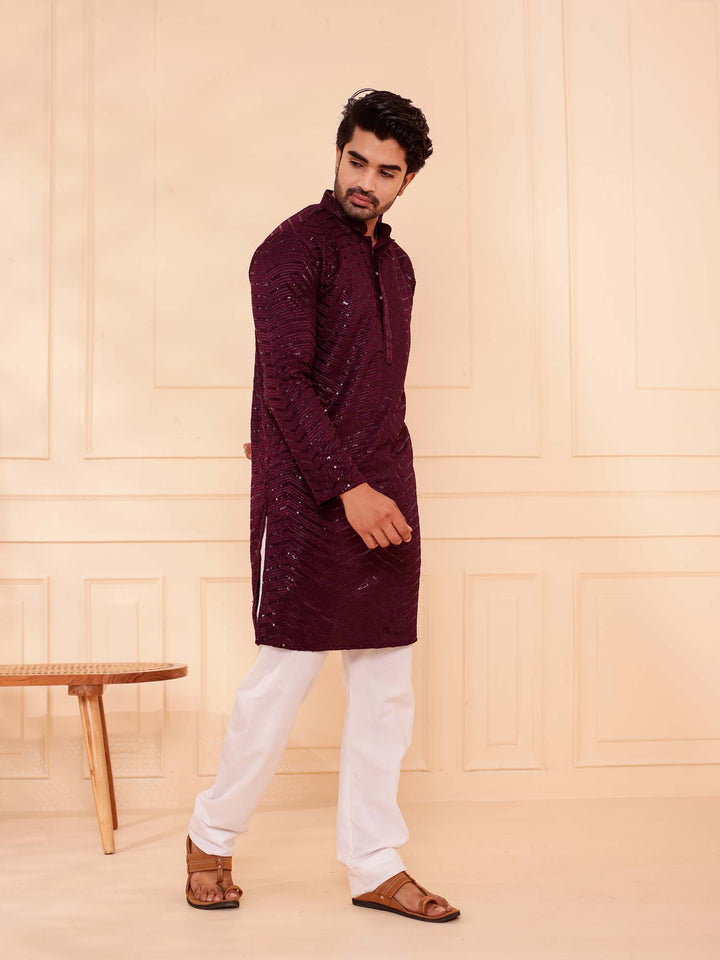 Plum Soft Georgette Kurta Suit with Self Thread and Sequin work all over.