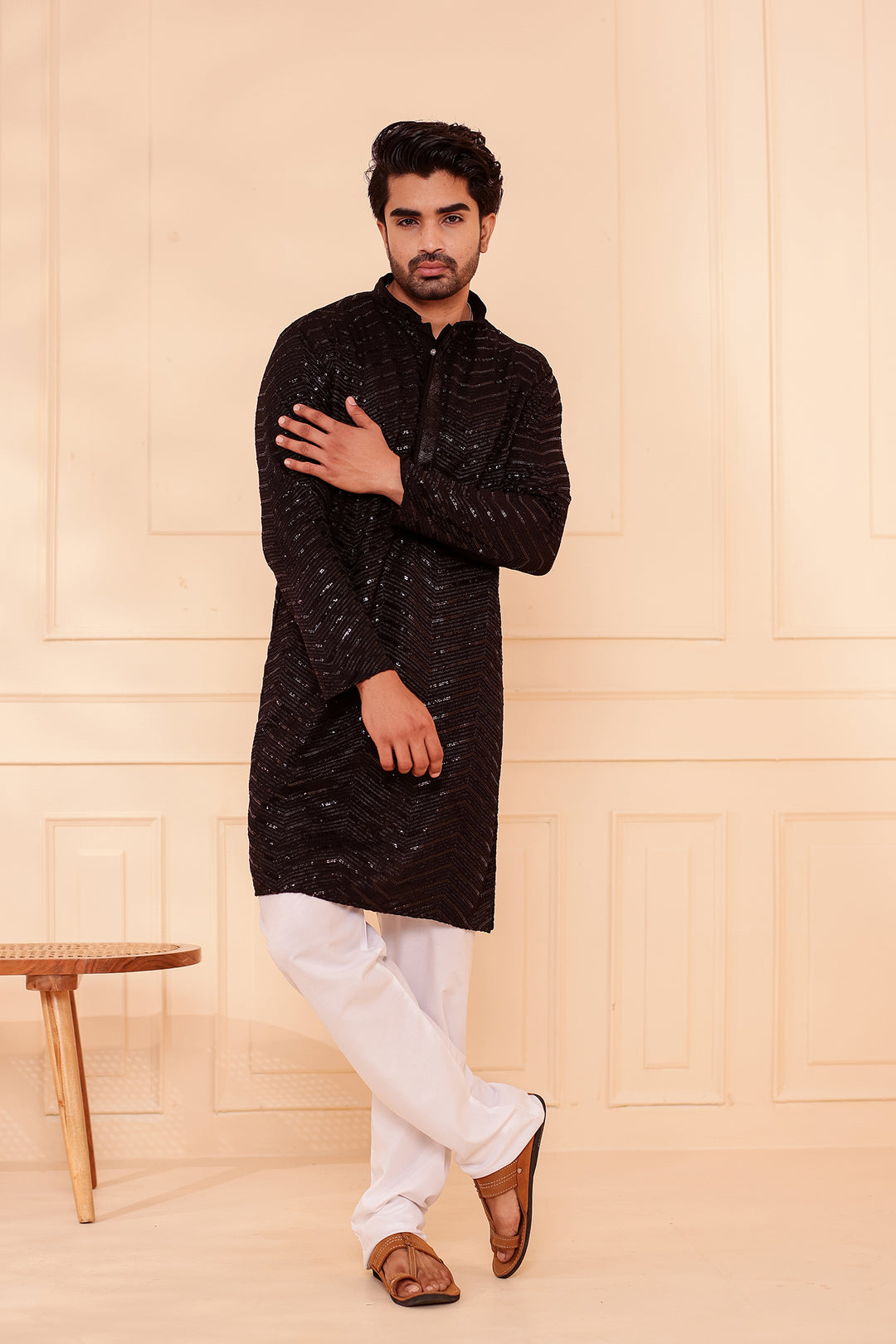 Black Soft Georgette Kurta Suit with Self Thread and Sequin work all over.