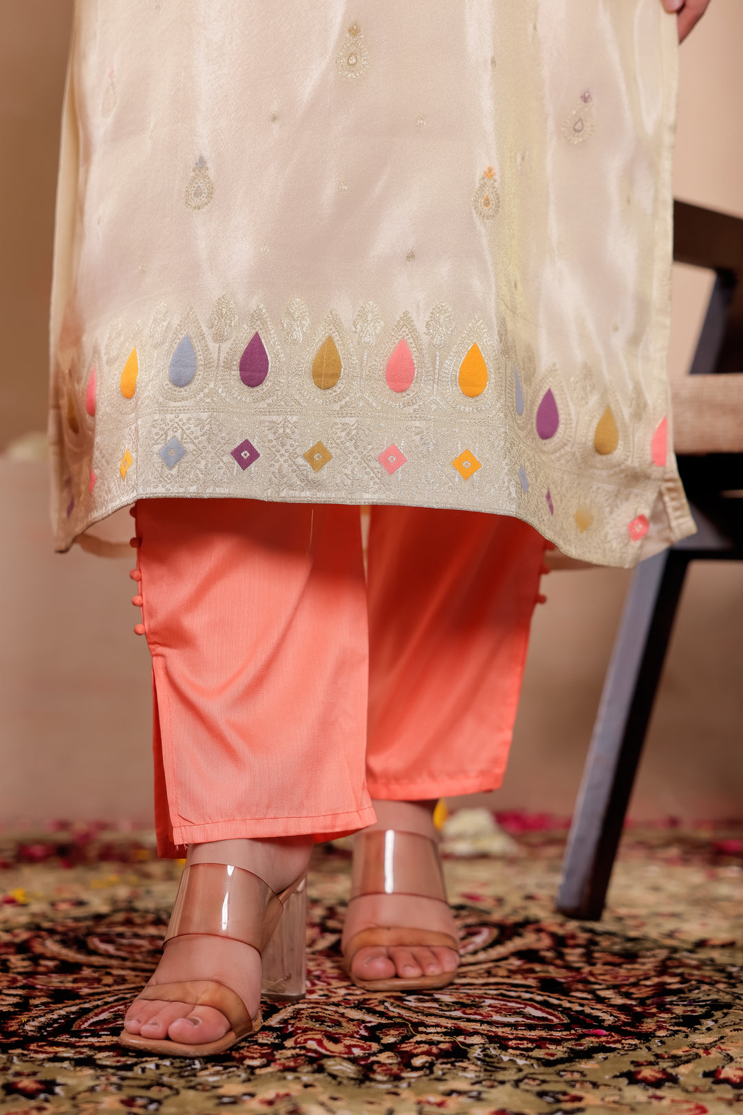 Ivory Art Silk Straight Cut Kurta Set