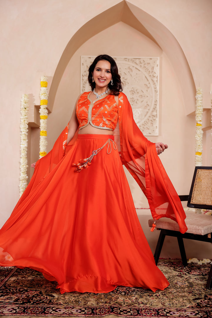 Burnt Orange Vichitra Silk Lengha Choli