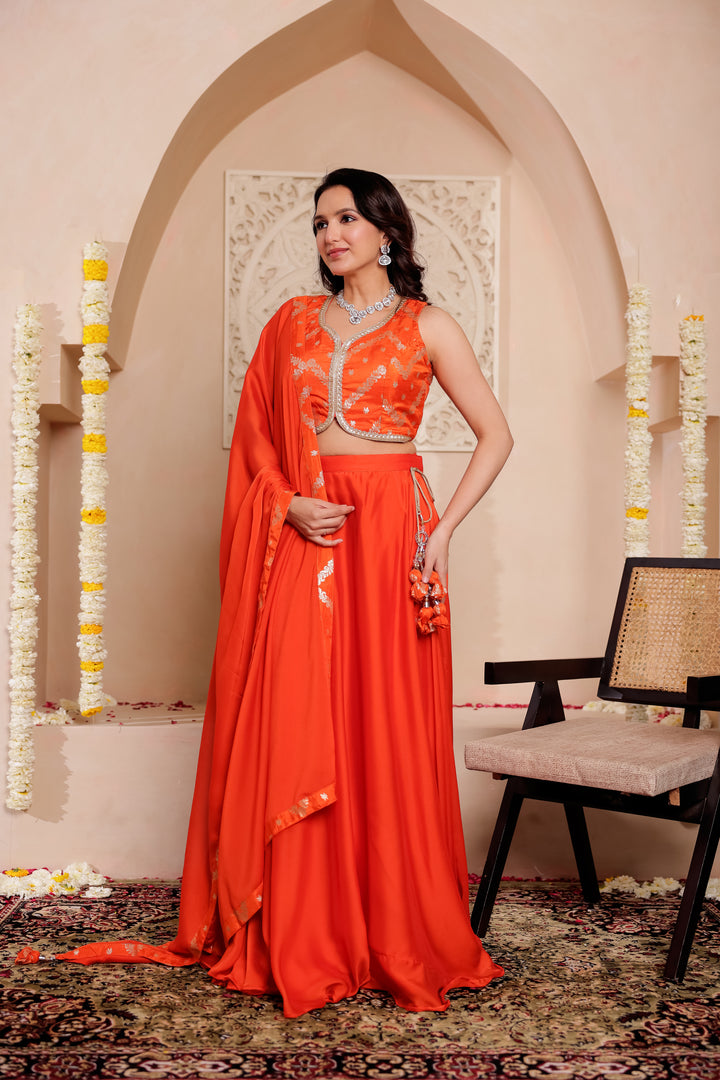 Burnt Orange Vichitra Silk Lengha Choli