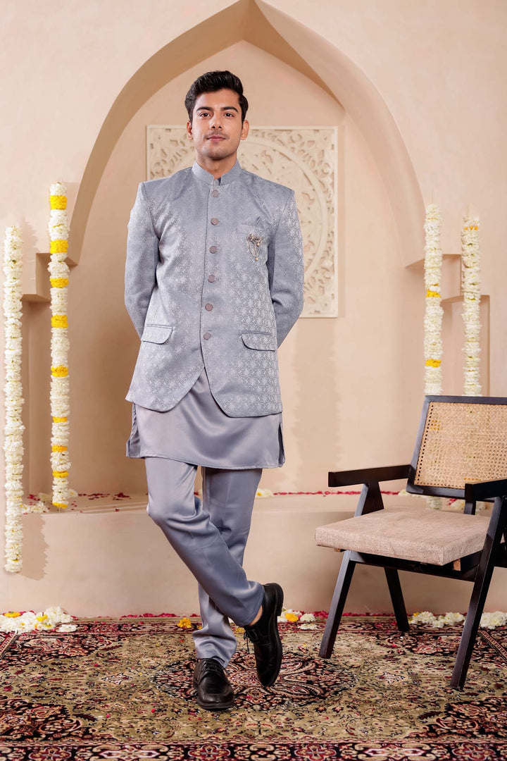 Grey Brocade Silk Jodhpuri Suit with Kurta.