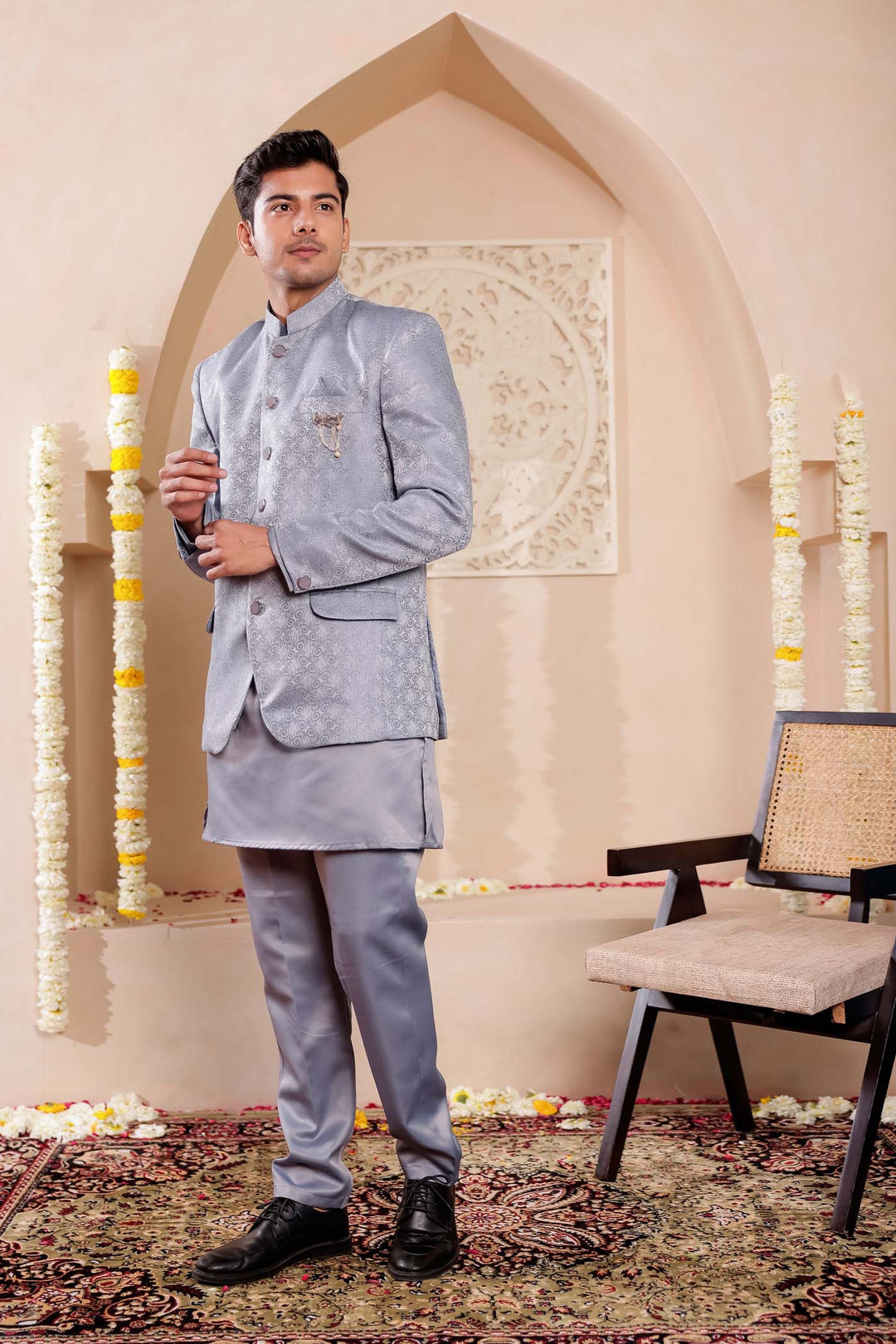 Grey Brocade Silk Jodhpuri Suit with Kurta.