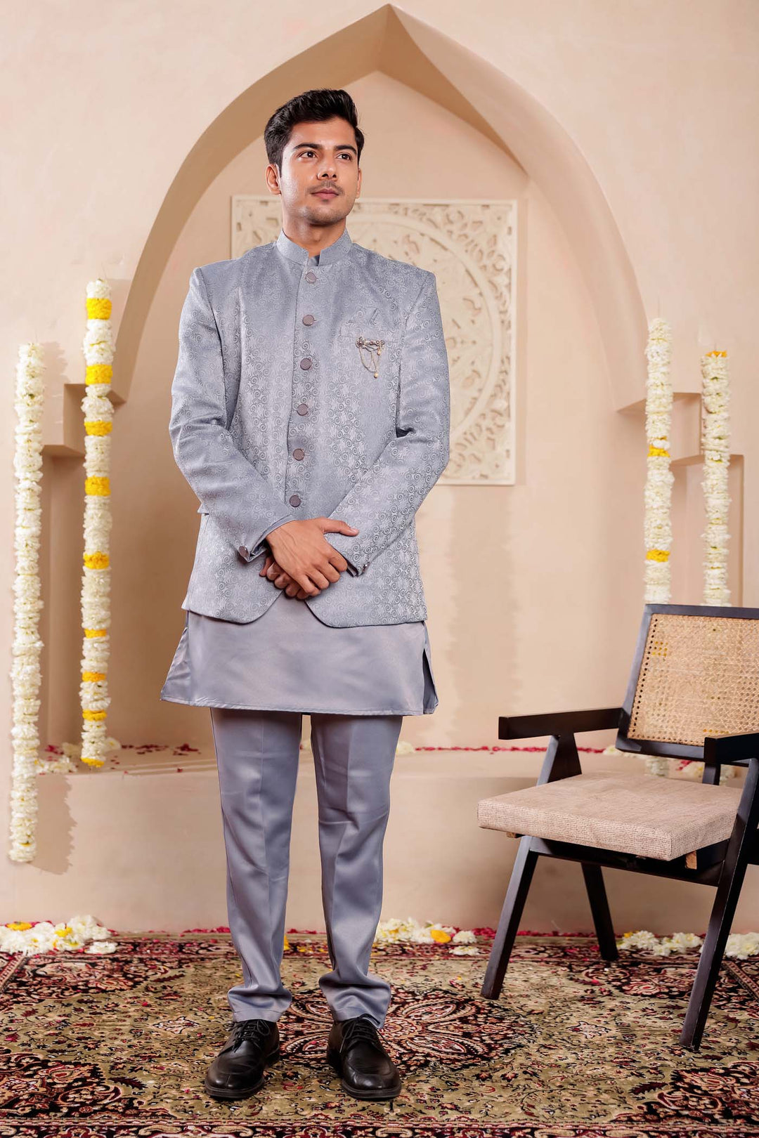 Grey Brocade Silk Jodhpuri Suit with Kurta.