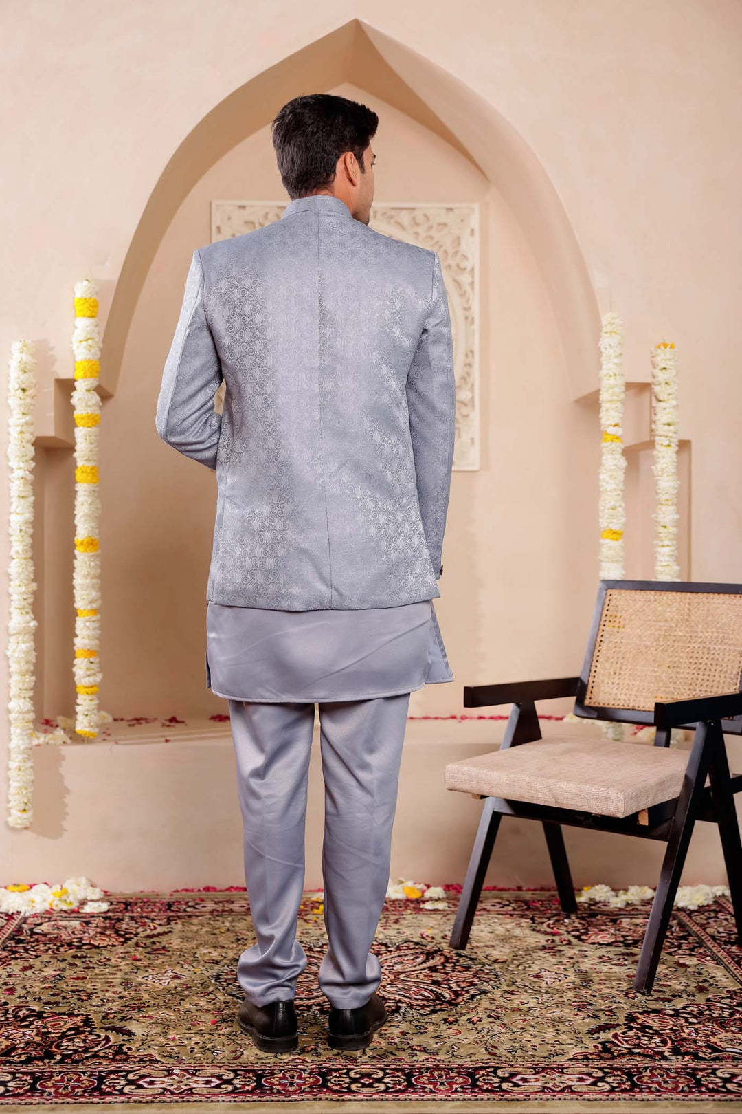 Grey Brocade Silk Jodhpuri Suit with Kurta.