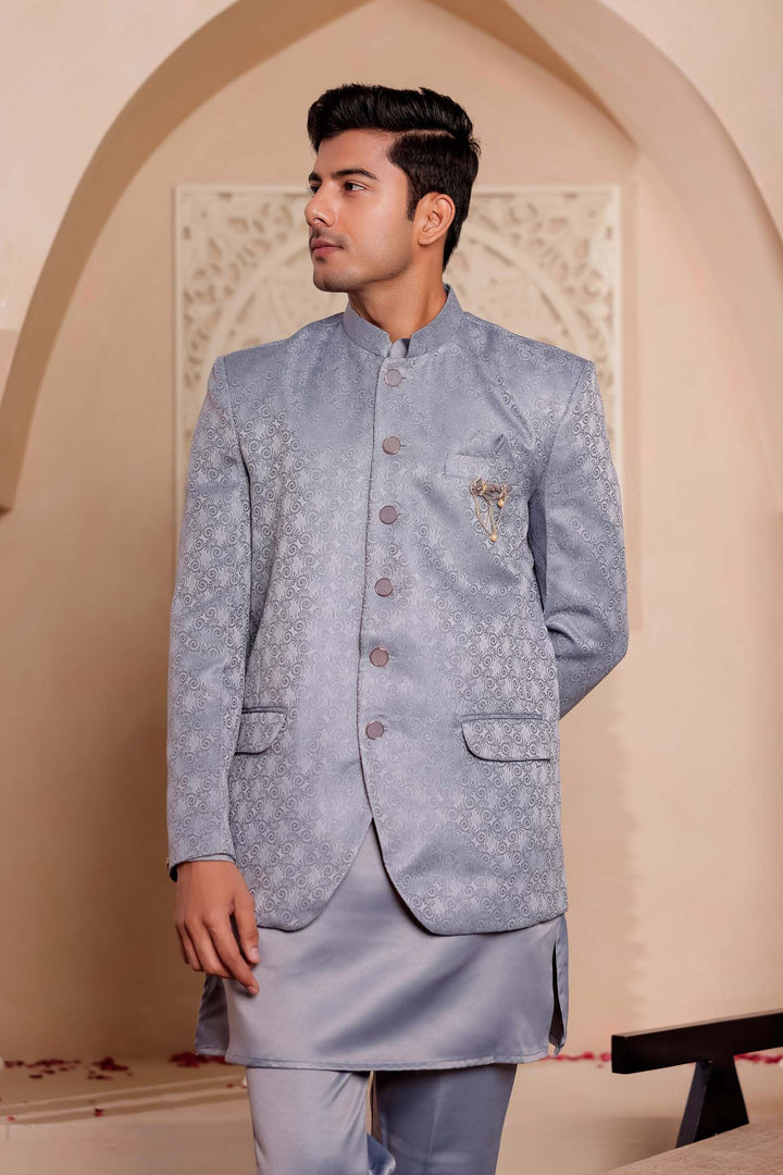 Grey Brocade Silk Jodhpuri Suit with Kurta.