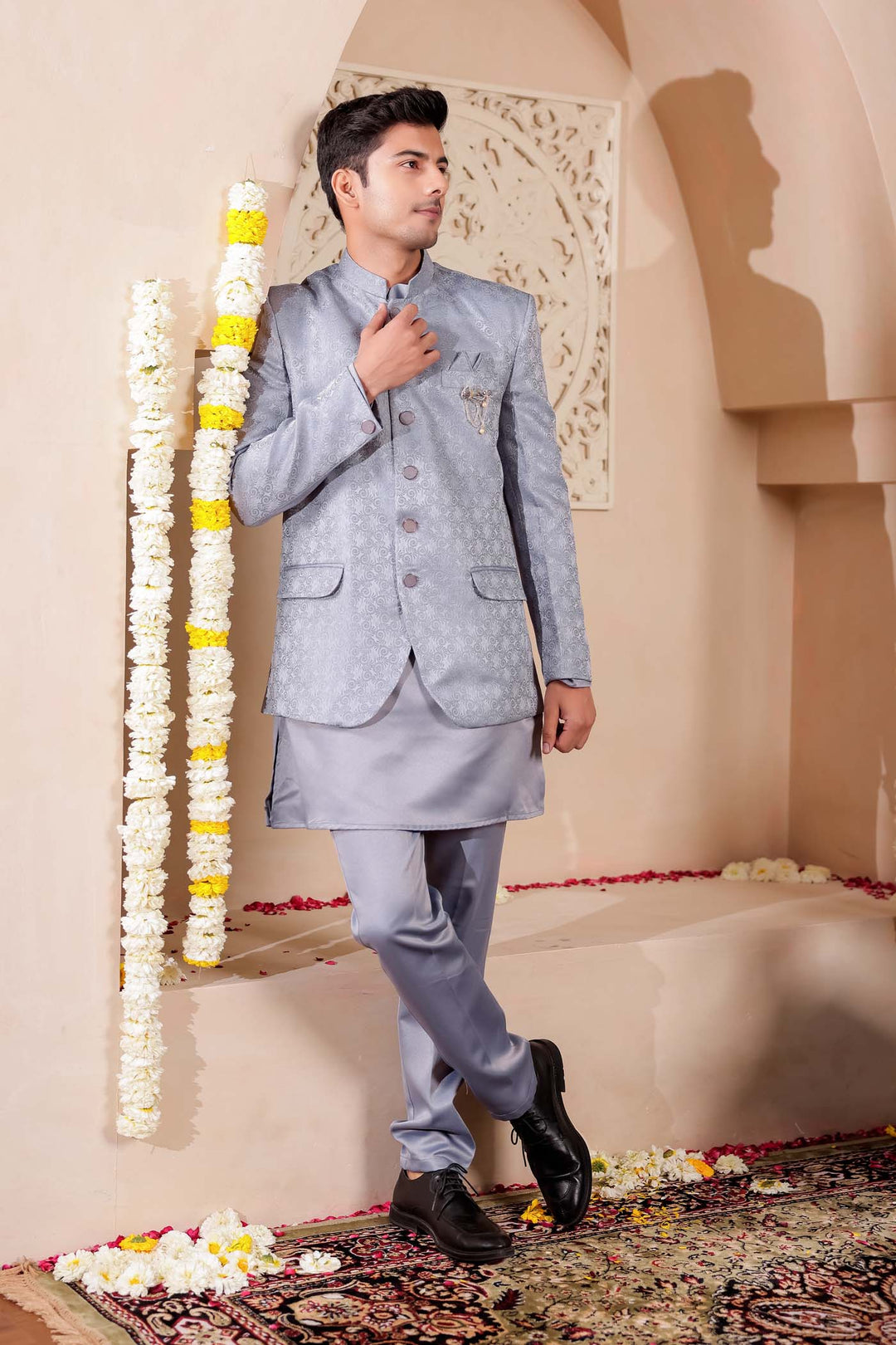 Grey Brocade Silk Jodhpuri Suit with Kurta.