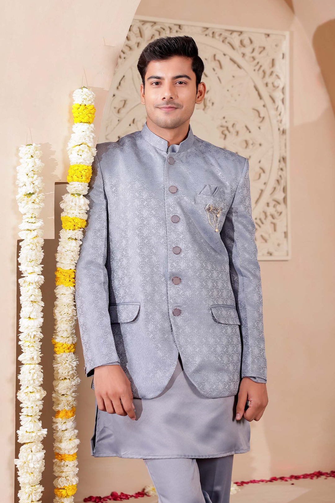 Grey Brocade Silk Jodhpuri Suit with Kurta.