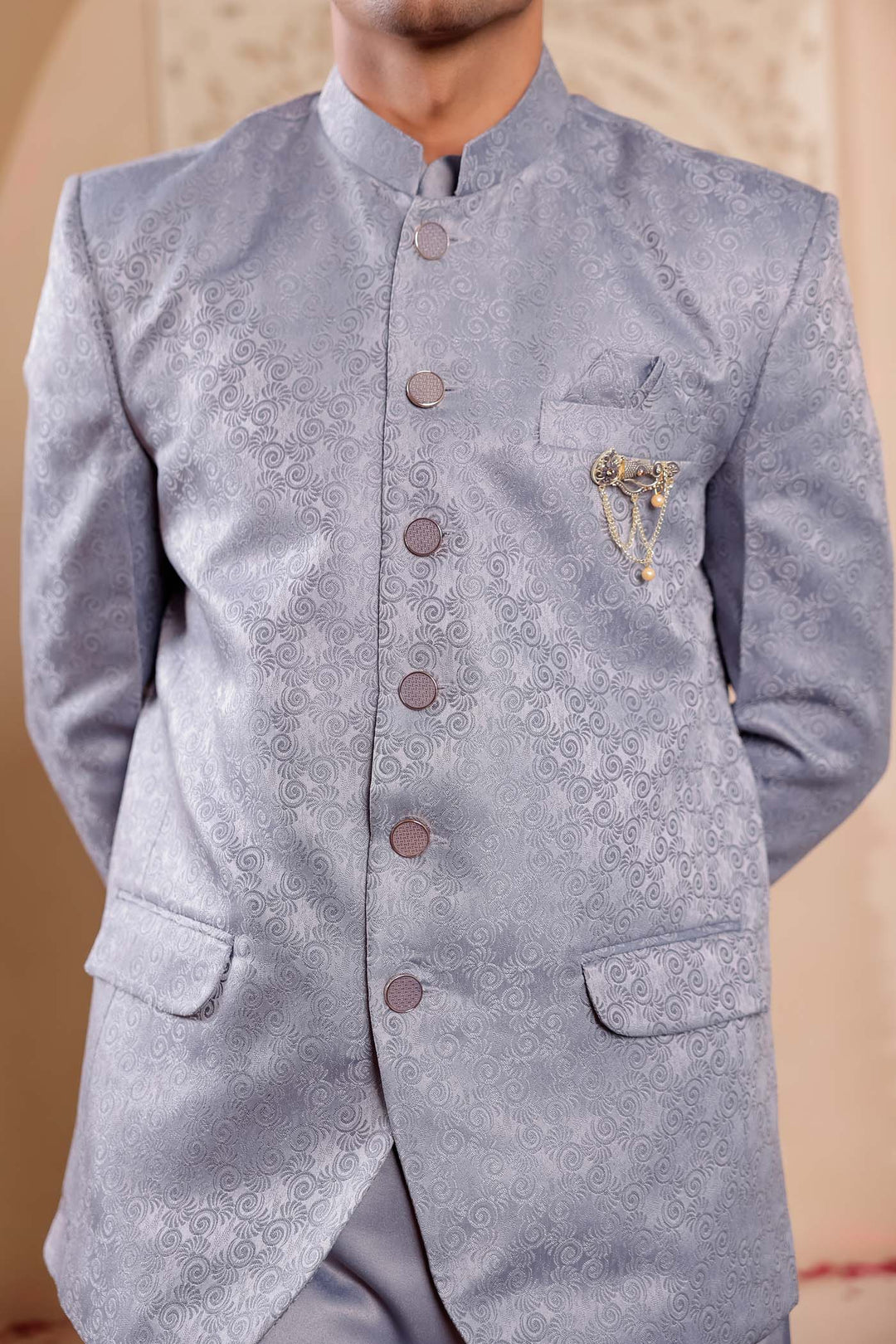 Grey Brocade Silk Jodhpuri Suit with Kurta.
