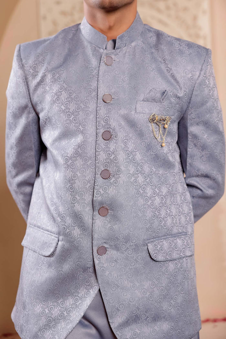 Grey Brocade Silk Jodhpuri Suit with Kurta.