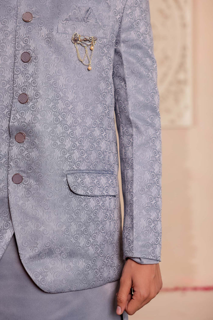 Grey Brocade Silk Jodhpuri Suit with Kurta.