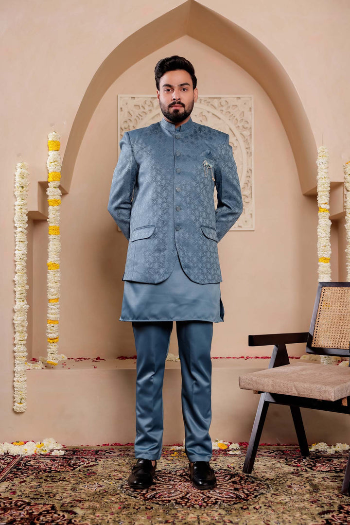 Teal Brocade Silk Jodhpuri Suit with Kurta.