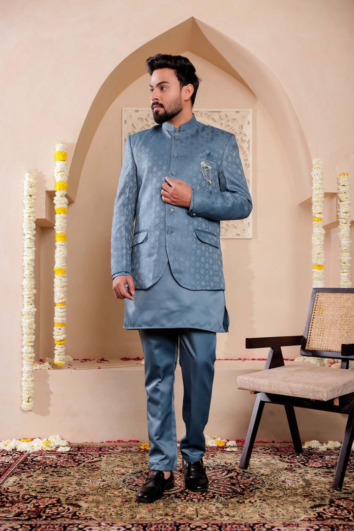 Teal Brocade Silk Jodhpuri Suit with Kurta.