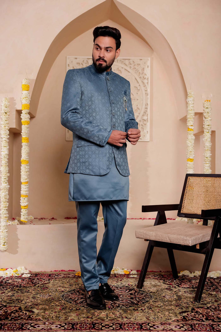 Teal Brocade Silk Jodhpuri Suit with Kurta.