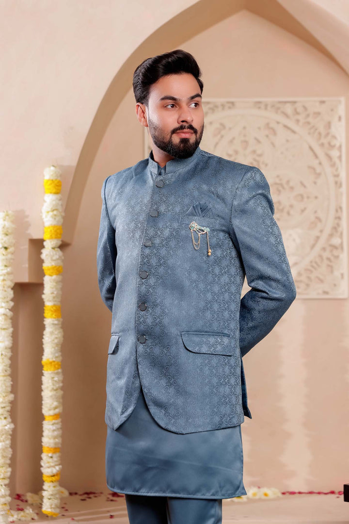 Teal Brocade Silk Jodhpuri Suit with Kurta.