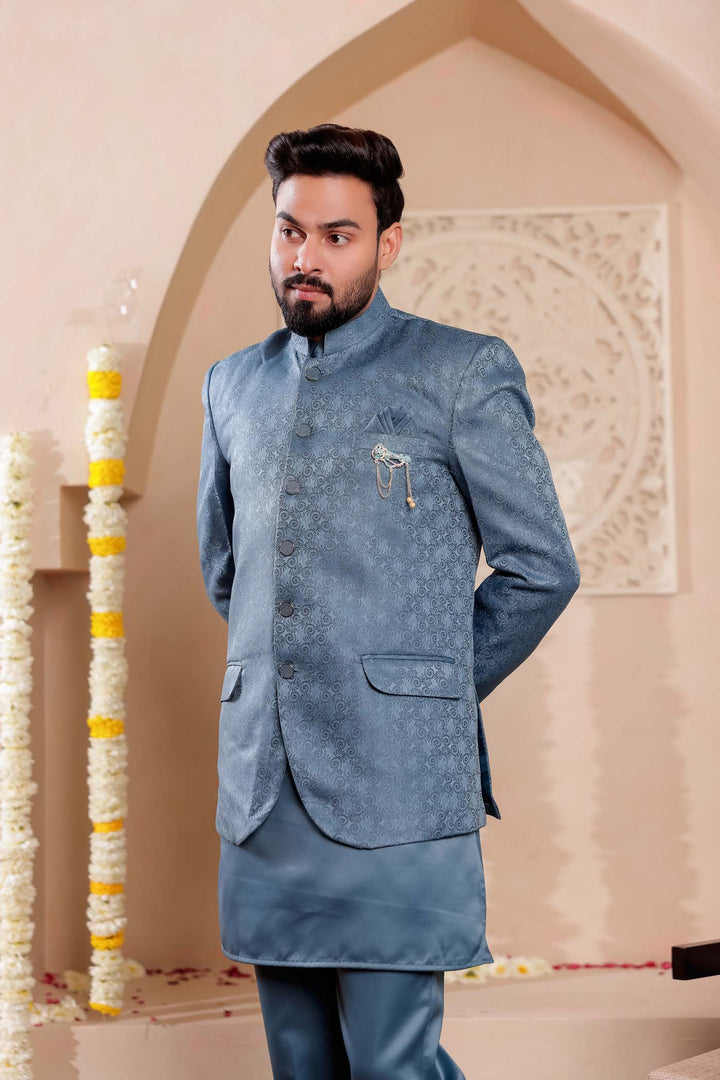 Teal Brocade Silk Jodhpuri Suit with Kurta.