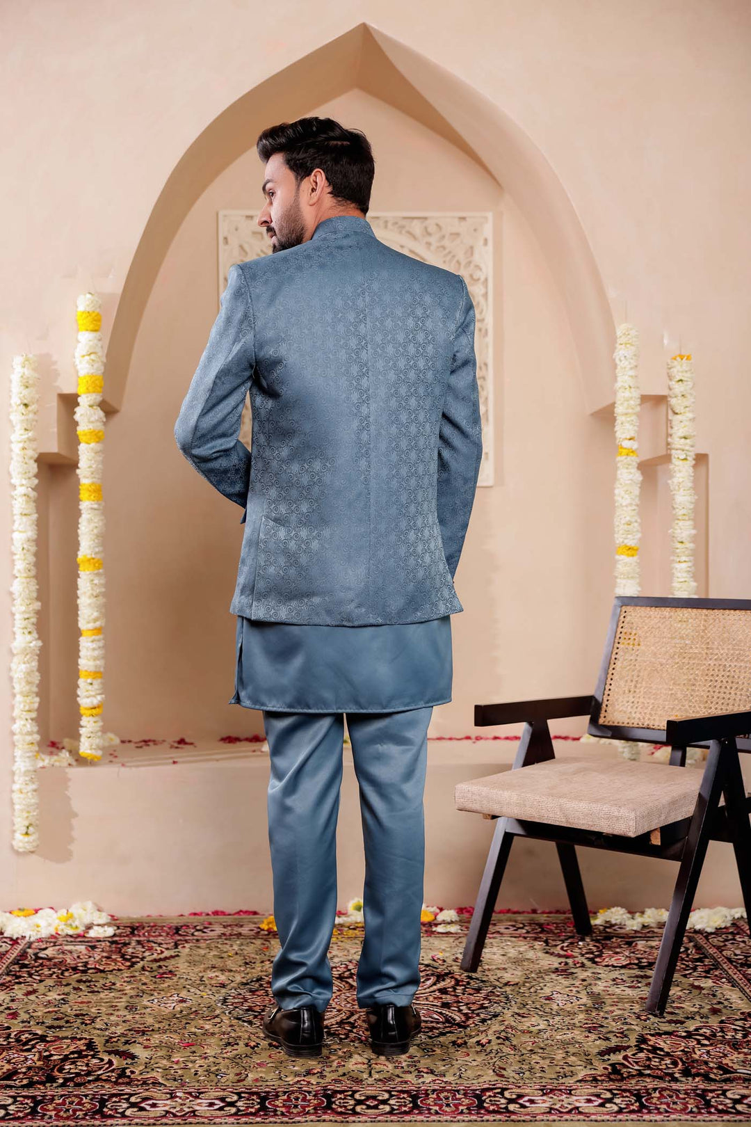 Teal Brocade Silk Jodhpuri Suit with Kurta.