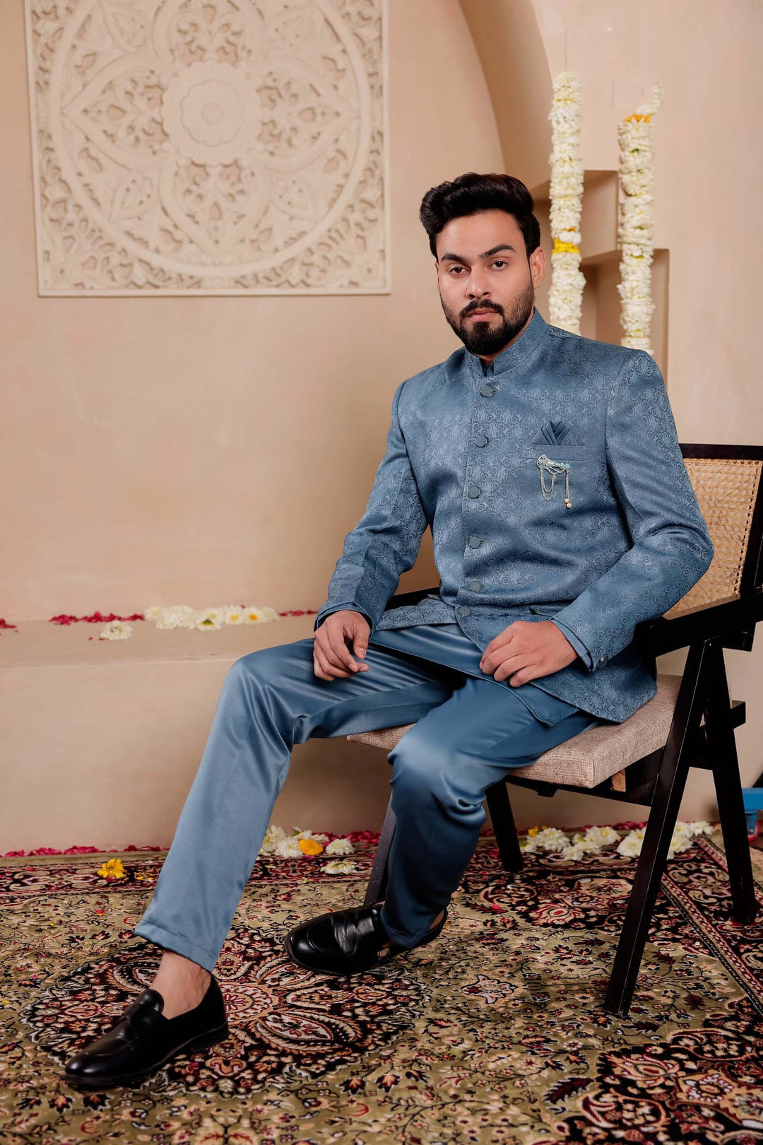 Teal Brocade Silk Jodhpuri Suit with Kurta.