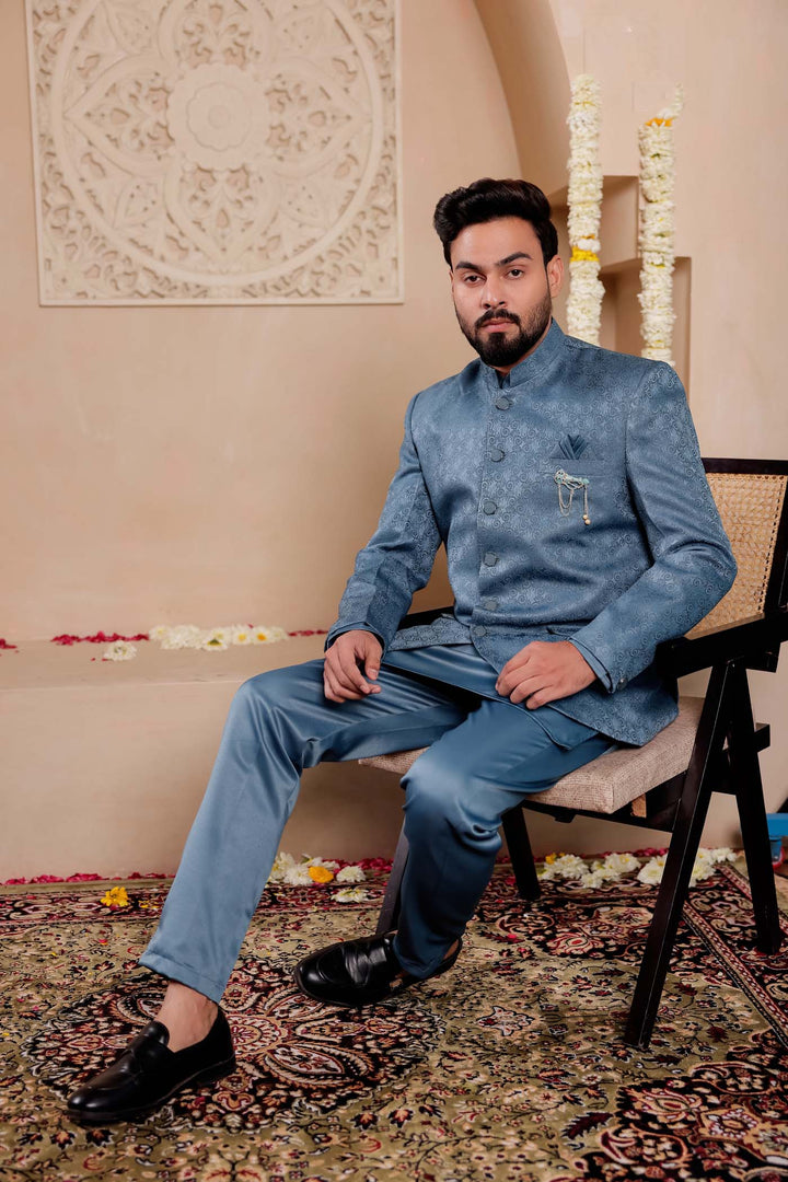 Teal Brocade Silk Jodhpuri Suit with Kurta.