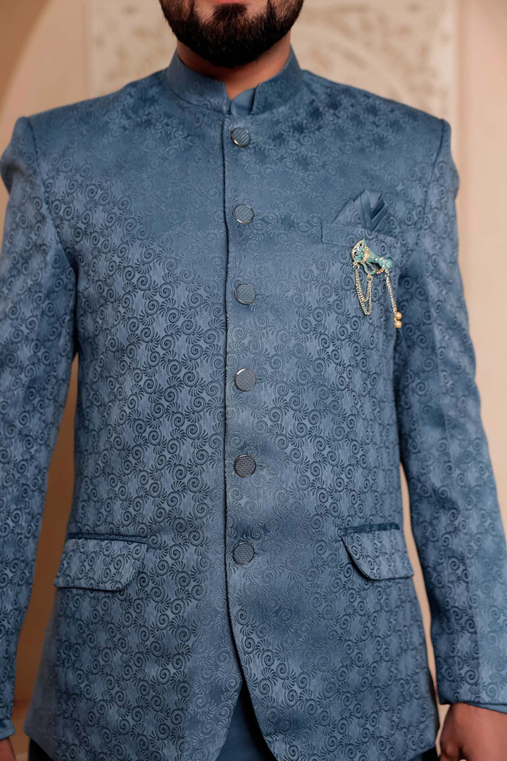 Teal Brocade Silk Jodhpuri Suit with Kurta.