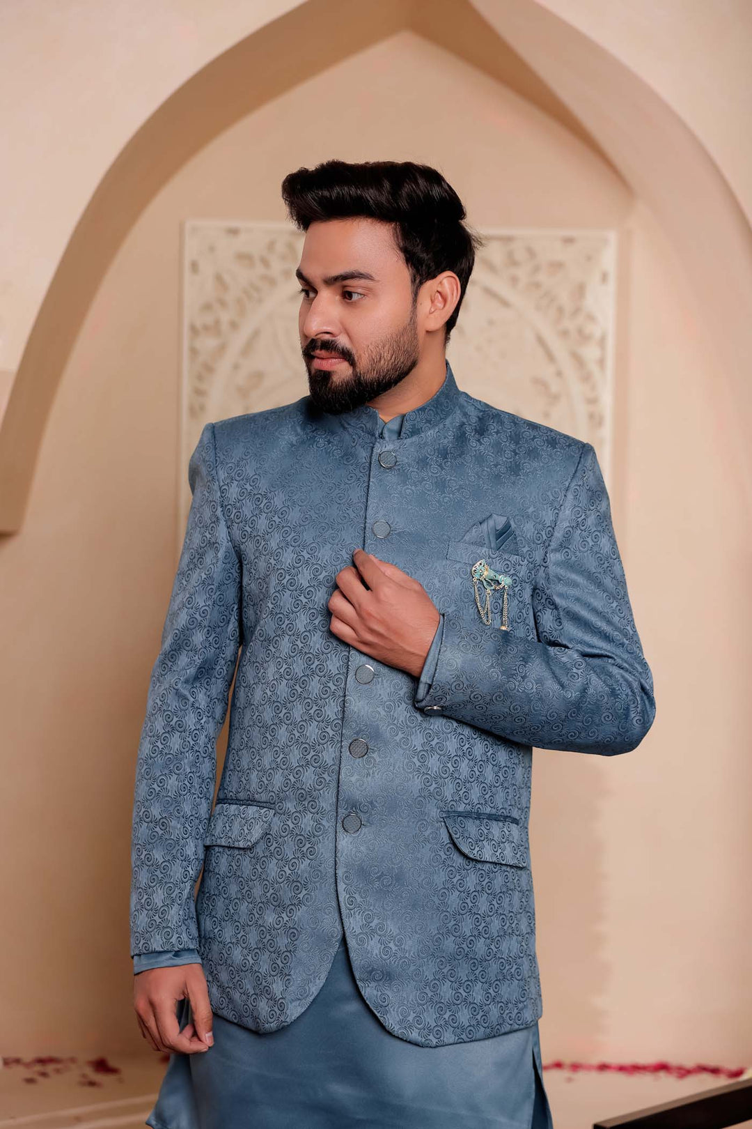 Teal Brocade Silk Jodhpuri Suit with Kurta.